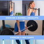 Women doing a dead hang, pull up, dead hang and deadlift with a barbell.