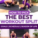 Graphic about how to pick the best workout split with two women doing a push up, lunge, and squat