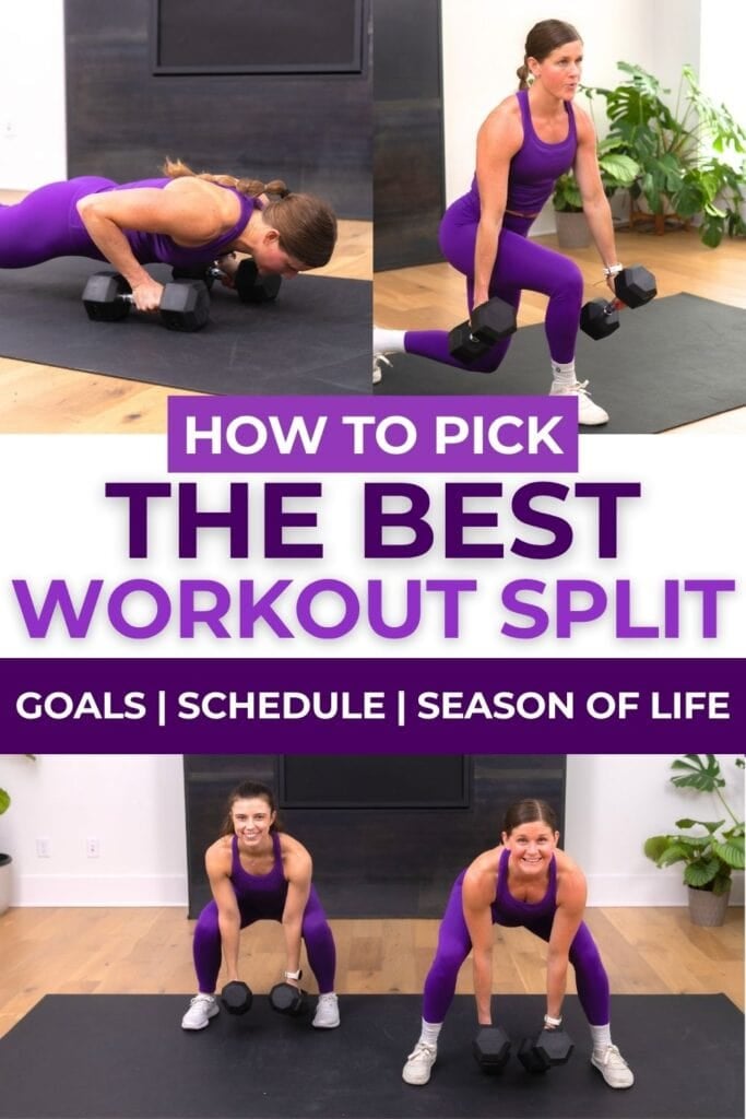 Graphic about how to pick the best workout split with two women doing a push up, lunge, and squat