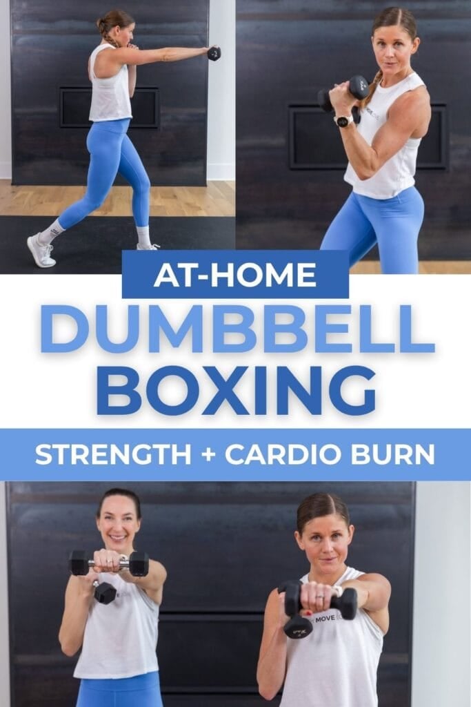 At home dumbbell boxing graphic for strength and cardio burn. With two women doing boxing exercises.