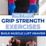 PDF of the 7 best grip strength exercises and women doing single leg shoulder press and bicep curl hold.