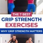 PDF of the 7 best grip strength exercises and women doing single leg shoulder press and bicep curl hold.