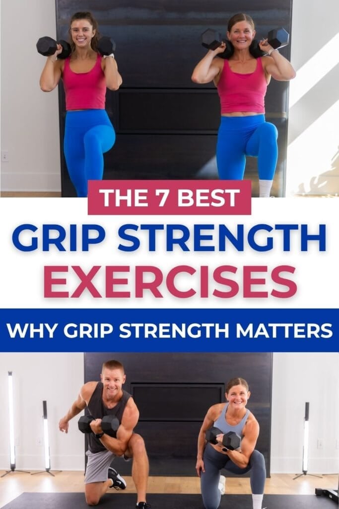 PDF of the 7 best grip strength exercises and women doing single leg shoulder press and bicep curl hold.
