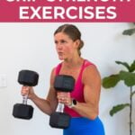 PDF of the 7 best grip strength exercises and women doing a bicep curl hold.