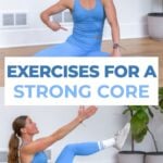 Women pointing to her core and doing a single leg sit up.