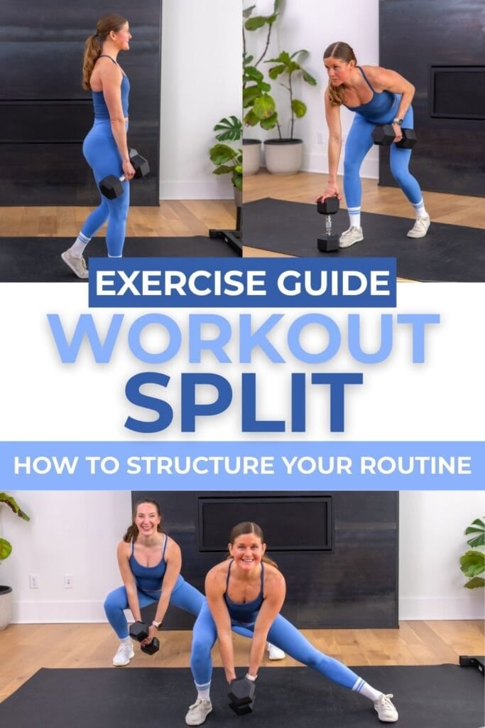 What is a workout split PDF graphic with a women doing a deadlift, back row and lateral lunge