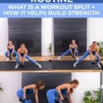 What is a workout split PDF graphic with a women doing a deadlift, back row and lateral lunge