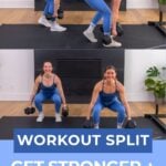 What is a workout split PDF graphic with a women doing a deadlift, squat and lateral lunge