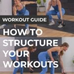 What is a workout split PDF graphic with a women doing a deadlift, back row and lateral lunge