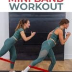 two women performing banded kickbacks in a full body resistance band workout