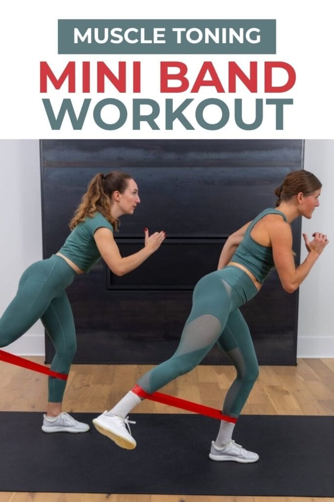 two women performing banded kickbacks in a full body resistance band workout