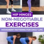 Hip hinge exercises PDF with women doing a good morning, kettlebell swing and deadlift.