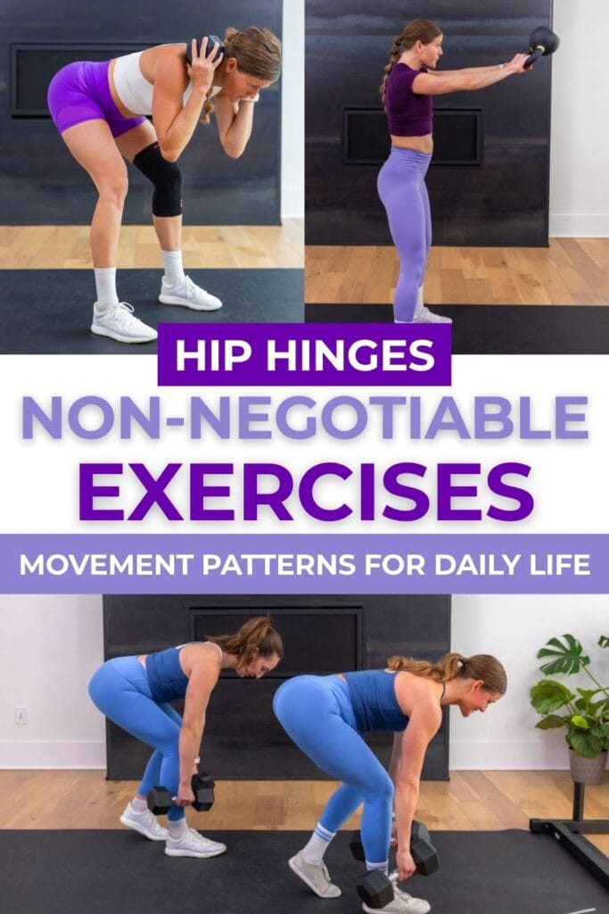Hip hinge exercises PDF with women doing a good morning, kettlebell swing and deadlift.
