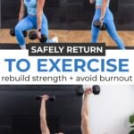 PDF of How to Start Working Out Again After a Long Break with a women doing a lunge and side plank.