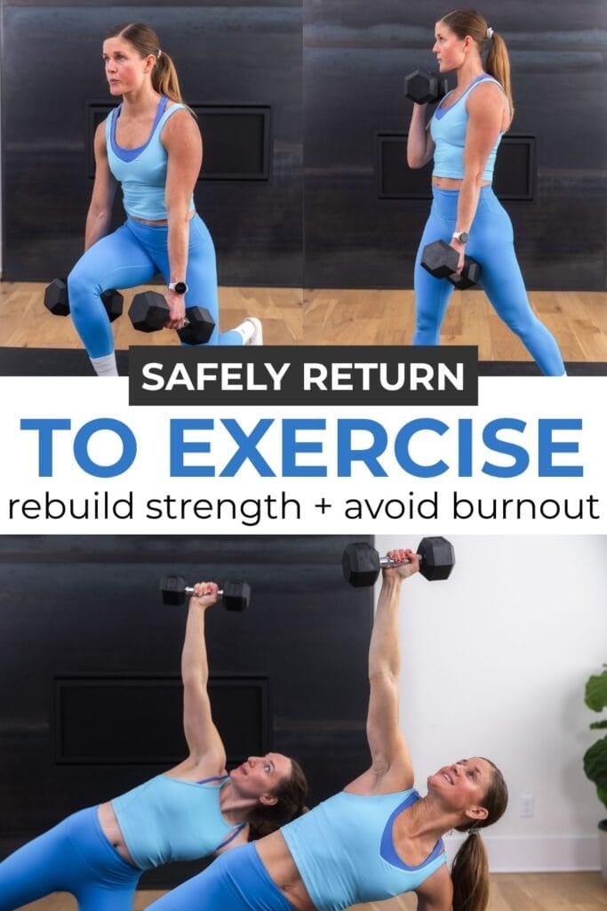 PDF of How to Start Working Out Again After a Long Break with a women doing a lunge and side plank.