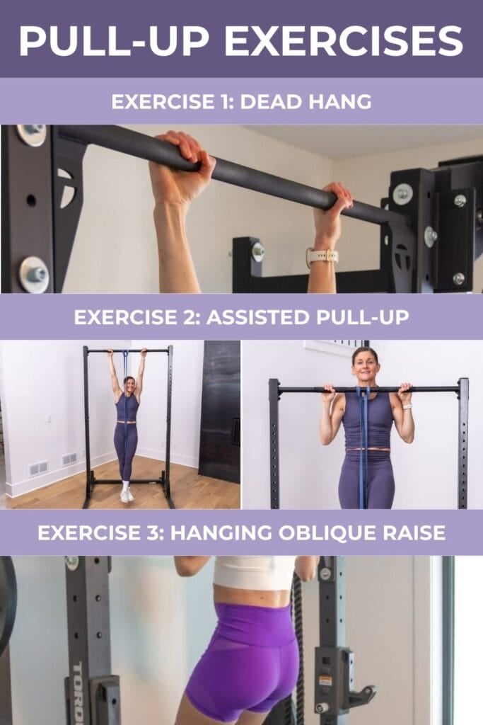Pull up exercises PDF with a women showing how to do a banded pull up.