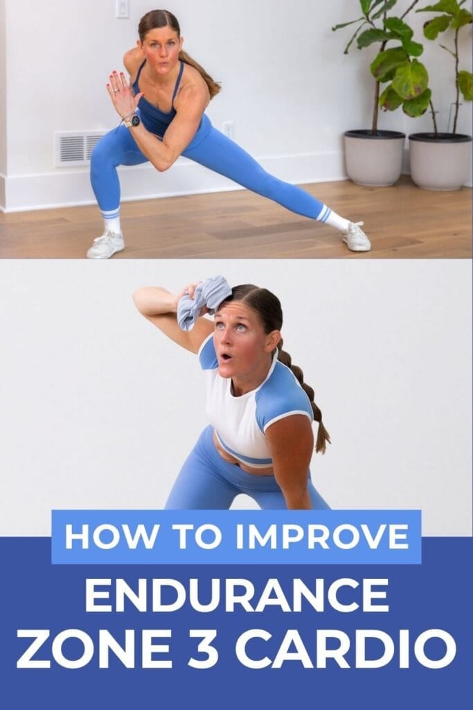 Women doing a lateral lunge and sweaty squat for how to improve endurance zone 3 cardio.