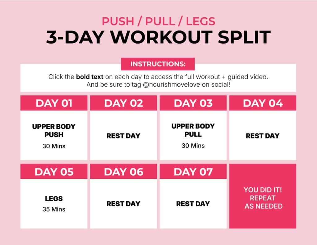 3 day calendar graphic of push pull legs split