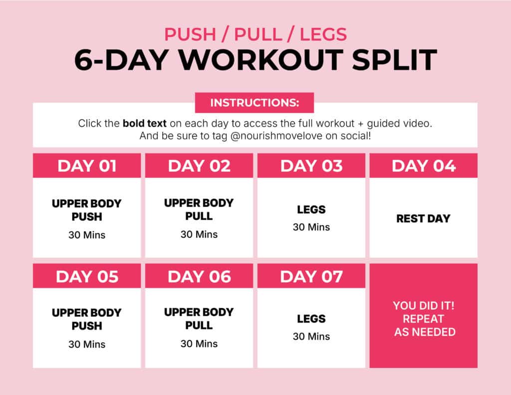 6 day calendar graphic of push pull legs split